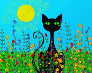 Black Cat With Flowers Art Diamond Painting