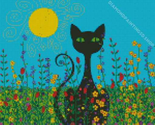 Black Cat With Flowers Art Diamond Painting