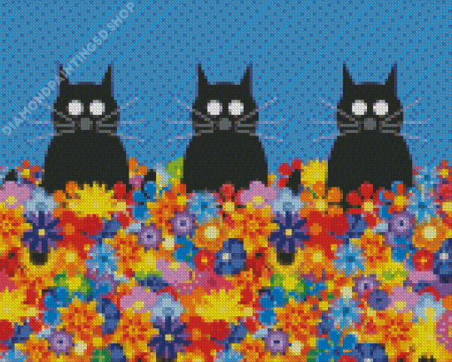 Black Cats And Flowers Illustration Diamond Painting