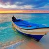 Boat In Beach With Sunset Seascape Diamond Painting