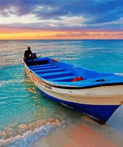 Boat In Beach With Sunset Seascape Diamond Painting