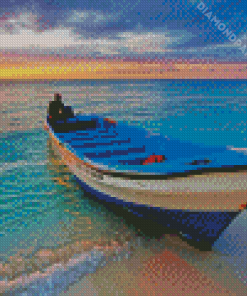Boat In Beach With Sunset Seascape Diamond Painting