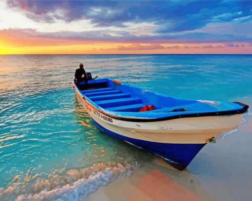 Boat In Beach With Sunset Seascape Diamond Painting