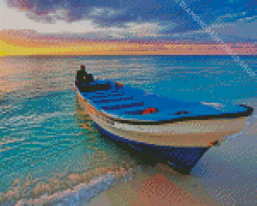 Boat In Beach With Sunset Seascape Diamond Painting