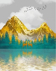 Golden Mountain Water Reflection Diamond Painting