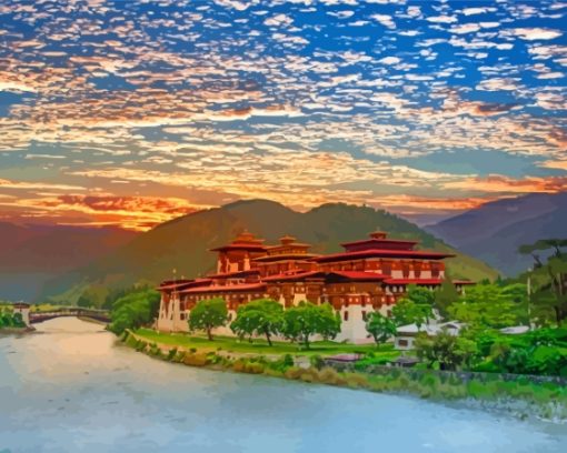 Bhutan Punakha Dzong Palace Diamond Painting