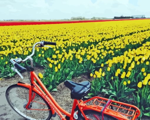 Bicycle And Tulips Field Diamond Painting