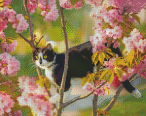 Black And White Cat In Cherry Tree Diamond Paintings