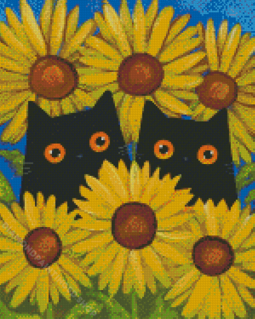 Black Cats And Sunflowers Diamond Paintings