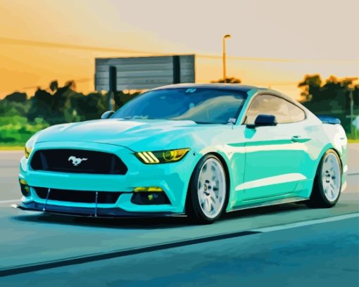 Blue Mustang On Road Diamond Painting