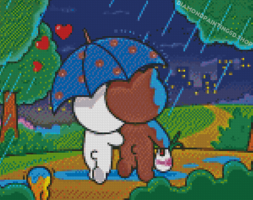 Brown And Cony Walking In Rain Diamond Paintings