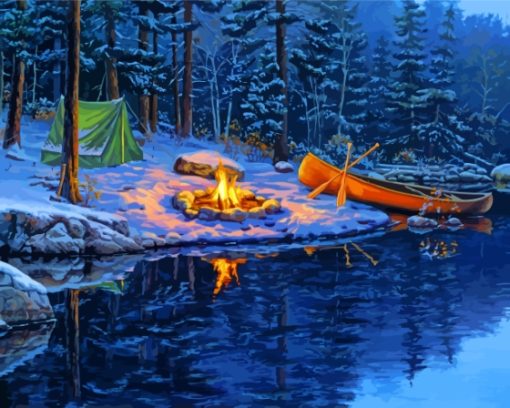 Fire Camping In Snow Diamond Paintings