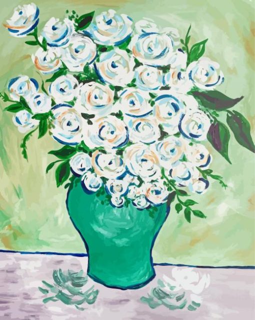 Green White Flowers Roses Bouquet Diamond Painting