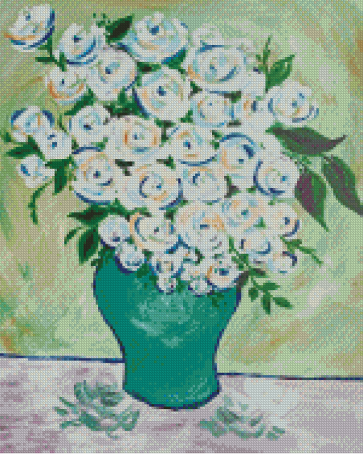 Green White Flowers Roses Bouquet Diamond Paintings