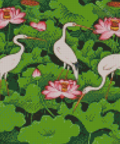 Lotus Pond Cranes Diamond Paintings