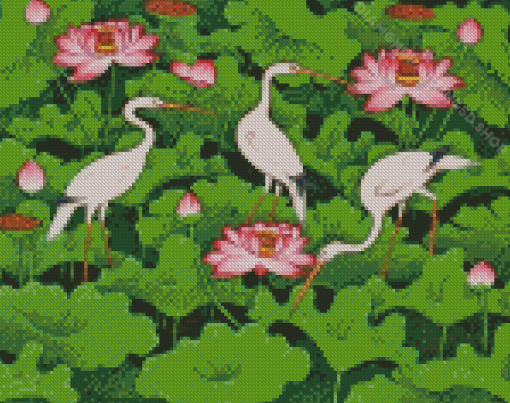 Lotus Pond Cranes Diamond Paintings