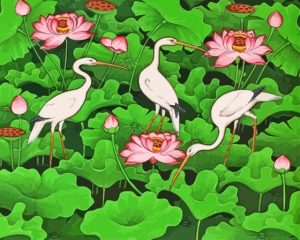 Lotus Pond Cranes Diamond Painting