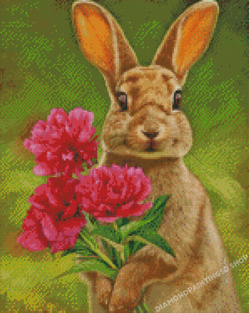 Rabbit With Flowers Diamond Paintings