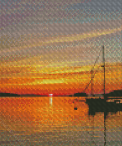 Rustic Boat On Lake Sunset Diamond Paintings
