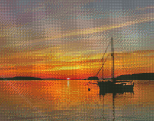 Rustic Boat On Lake Sunset Diamond Paintings