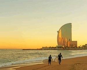 Surfers At Barcelona Beach Diamond Painting