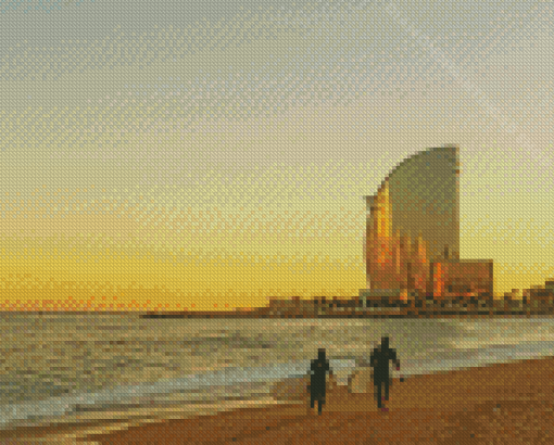 Surfers At Barcelona Beach Diamond Paintings