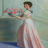 Woman Wearing Pink Dress And Flowers Diamond Paintings