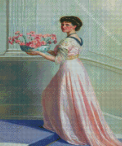 Woman Wearing Pink Dress And Flowers Diamond Paintings