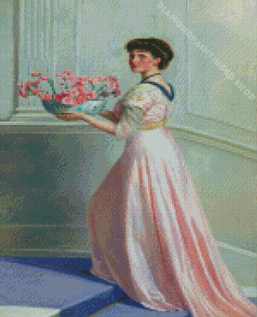 Woman Wearing Pink Dress And Flowers Diamond Paintings