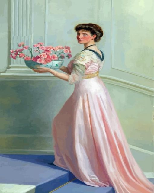 Woman Wearing Pink Dress And Flowers Diamond Painting