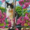 Cat And Purple Flowers Diamond Paintings