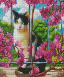 Cat And Purple Flowers Diamond Paintings