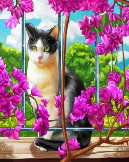 Cat And Purple Flowers Diamond Painting