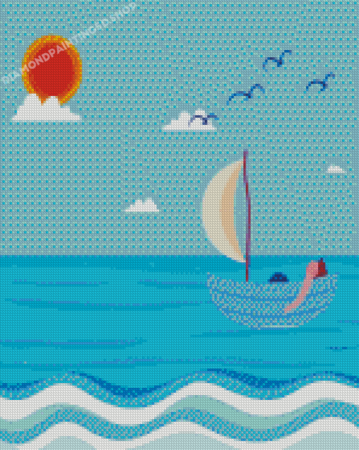 Sea Man Floating In Blue Boat And Blue Sky Diamond Paintings