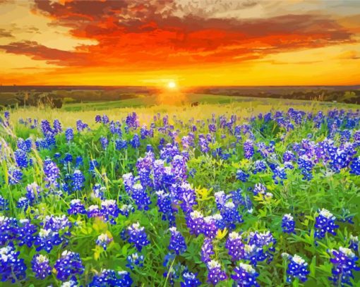 Blue Wildflowers Sunset Diamond Painting