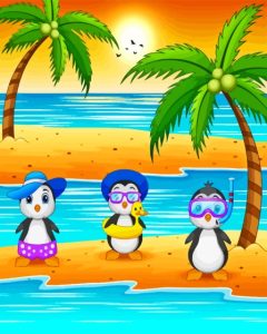 Cartoon Penguin On The Beach Diamond Painting