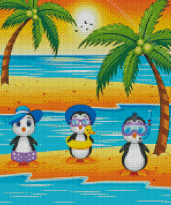 Cartoon Penguin On The Beach Diamond Paintings