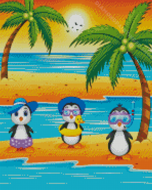 Cartoon Penguin On The Beach Diamond Paintings