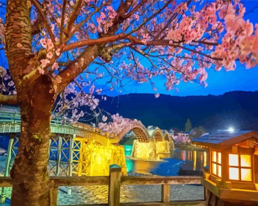 Japan Cherry Blossom Kintaikyo Bridge Diamond Painting