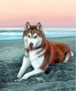 Red Husky On The Beach Diamond Painting