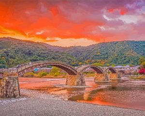 Sunset At Kintai Bridge Japan Diamond Painting