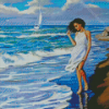 Girl With Dress Walking On Beach Diamond Paintings