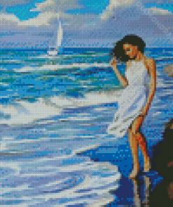 Girl With Dress Walking On Beach Diamond Paintings