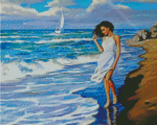 Girl With Dress Walking On Beach Diamond Paintings