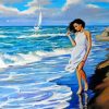 Girl With Dress Walking On Beach Diamond Painting