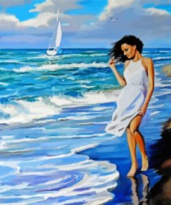 Girl With Dress Walking On Beach Diamond Painting