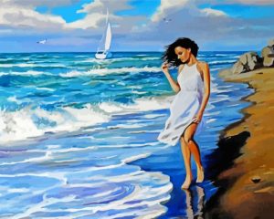 Girl With Dress Walking On Beach Diamond Painting