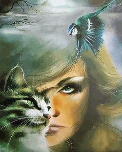 Woman And Cat And Bird Diamond Painting