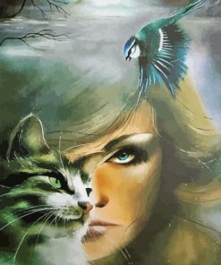 Woman And Cat And Bird Diamond Painting