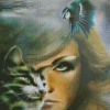 Woman And Cat And Bird Diamond Paintings